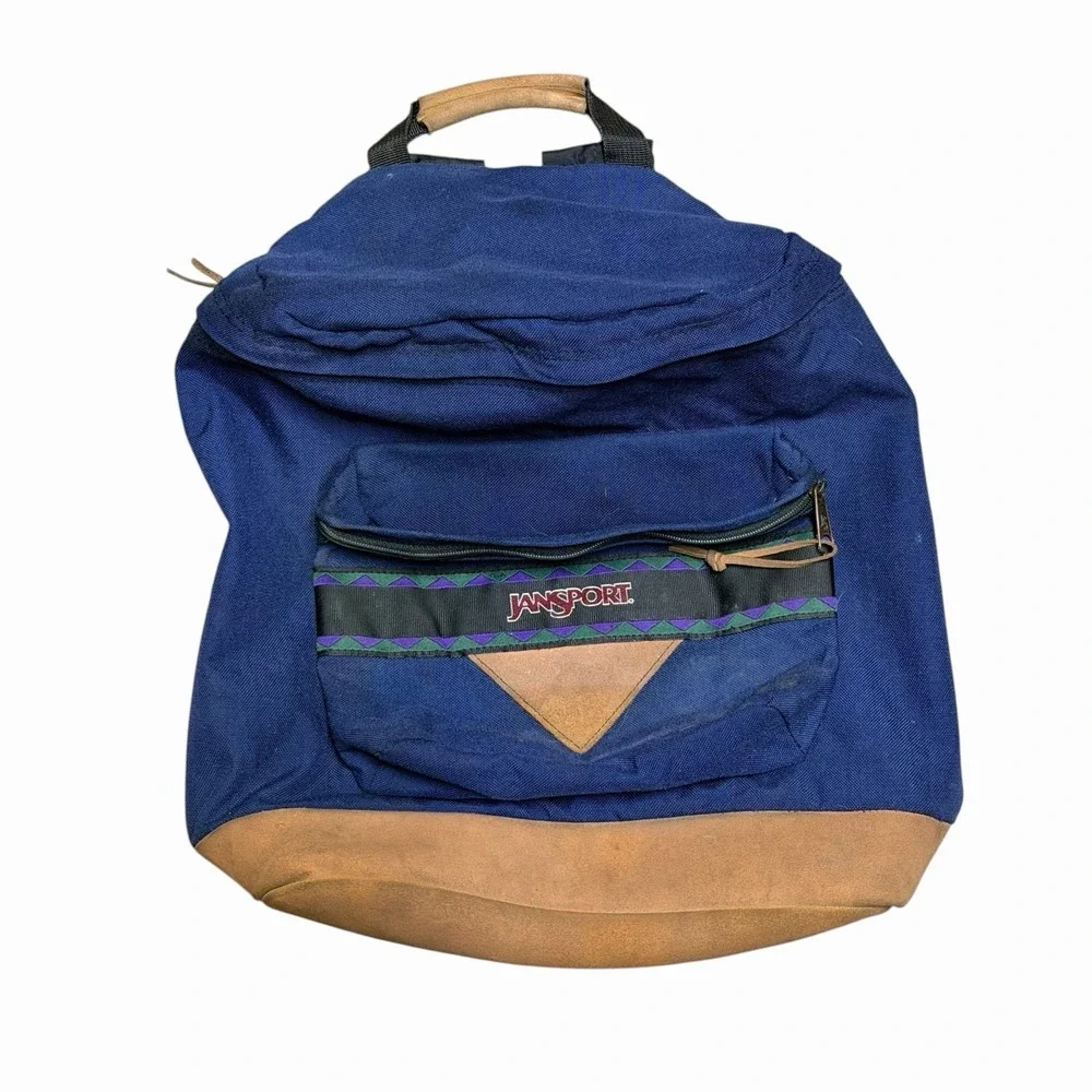 Vintage 90s JanSport Navy Blue & Brown Leather Bottom Backpack Made in the USA